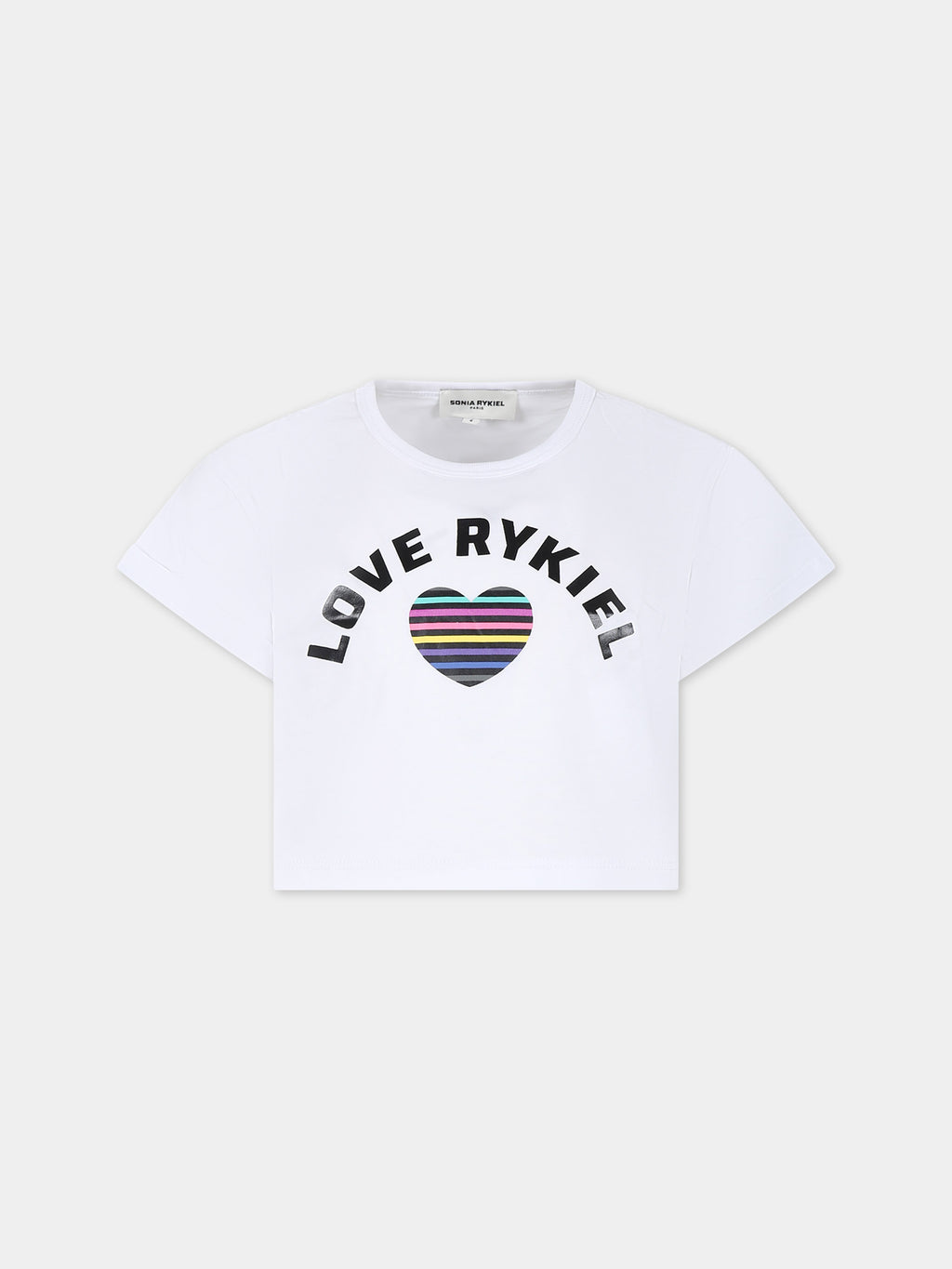 T-shirt court blanc pour fille avec logo et coeur